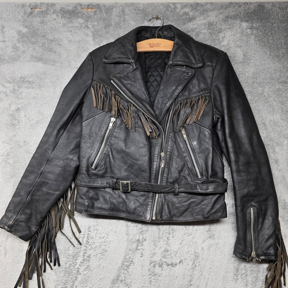 Vintage‎ Harley-Davidson Leather Fringe Motorcycle Jacket Womens 38W Black Korea